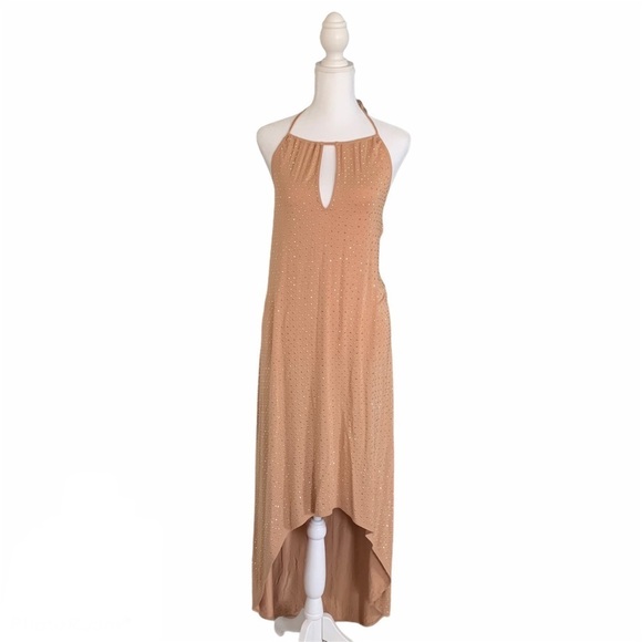 Haute Hippie Nude Gold Embellished Jersey Hi Low Maxi Dress Small NWOT - Picture 1 of 8